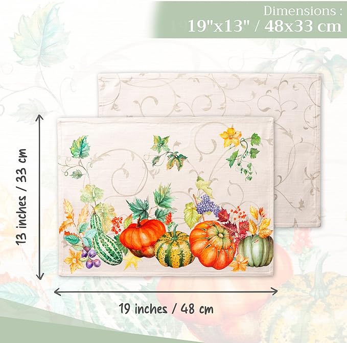 Maison d' Hermine Placemats Set of 4 100% Cotton Washable Cloth Place Mats, Reusable Table Mats for Thanksgiving Christmas Decorations Kitchen Dining Party Wedding Restaurant (Lumina, 13" x 19")