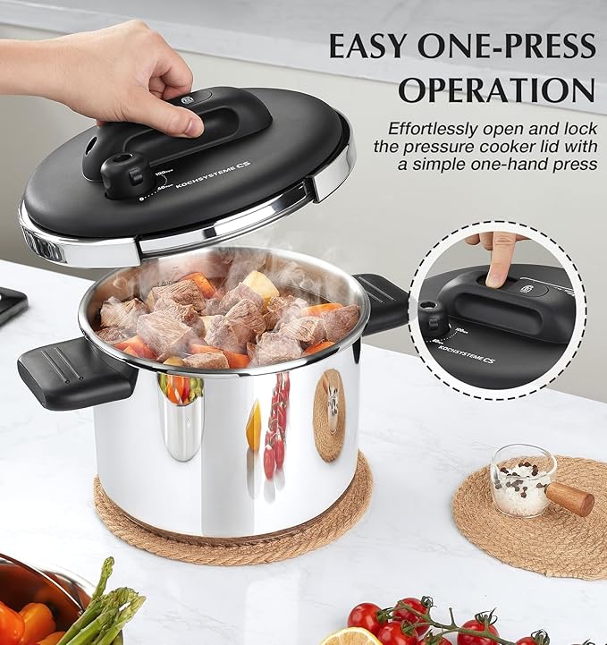 KOCH SYSTEME CS Stainless Steel Pressure Cooker 6.3 QT, Olla de Presion, Easy One-Press Lock, 3 PSI Settings Stovetop Pressure Cookers, Save 70% Time, Induction Compatible, Glass Lid & Steamer Rack