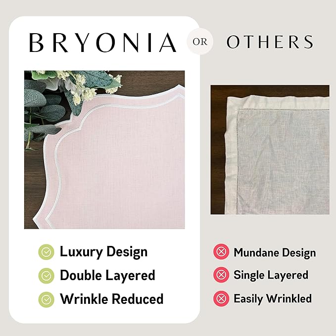 Cotton Linen Placemats Set of 4 - Double Layered, Machine Washable, Scalloped & Embroidered Cloth Table Mats - Wedding, Spring, Pastel Tone Mats, 19 x 17 inch, Light Pink