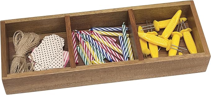 Lipper International Acacia Wood Drawer and Desk Organizer Tray for Office Supplies or Household and Kitchen Items, 3 Compartments, 11 5/8" x 4 1/8" x 1 3/4”