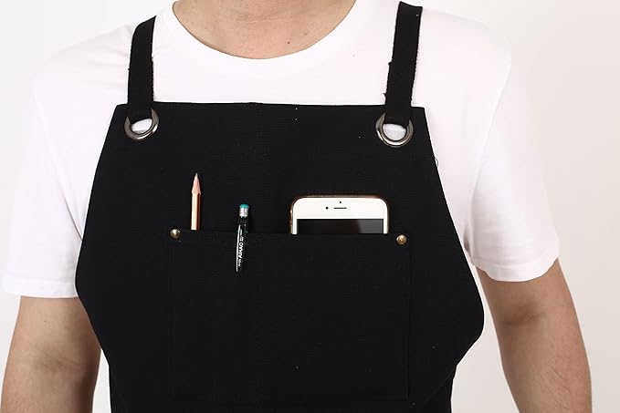 Heavy Duty Canvas Work Apron,Tool Pockets, Back Straps Adjustable（black）
