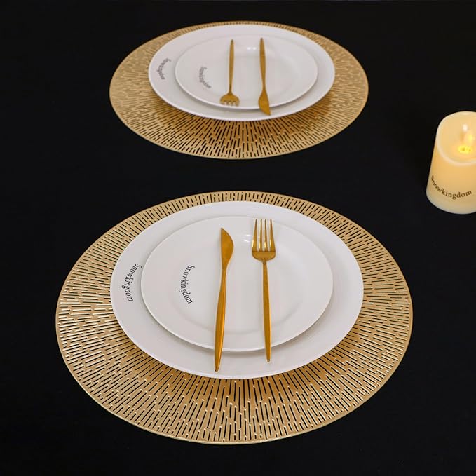 Snowkingdom Gold Placemats Set of 18, 15 Inch Round Vinyl Metallic Place mats, Golden Washable Easy Clean Wipeable Non Slip Stain Resistant Kitchen Dining Table Mats for Halloween Party Decoration