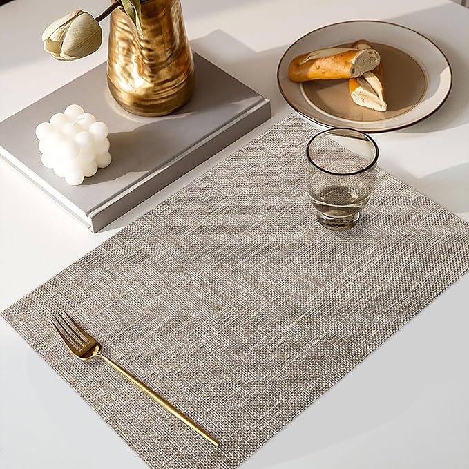 Vinyl Placemats Set of 4, PVC Woven Washable Non-Slip Table Mats, Heat Resistant Wrinkle Free Place Mats for Dining Table, Easy to Clean (4, Cappuccino)