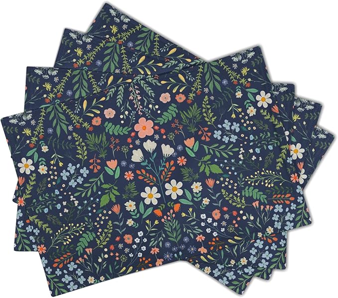 Giwawa Colorful Boho Flowers Placemats Set of 4 for Kitchen Dining, Navy Blue Rustic Floral Leaf Botanical Washable Linen Place Table Mat 12x18 Inches for Tabletop Seasonal Party Home Decor