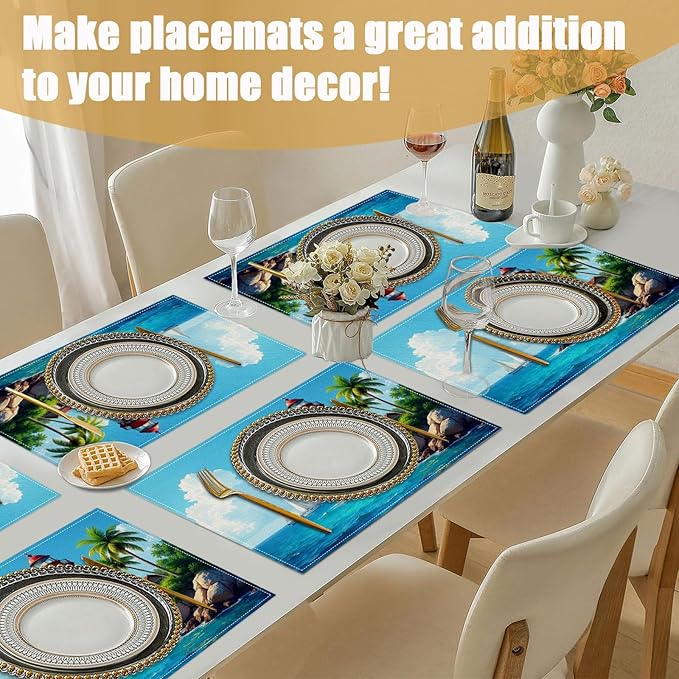 Lighthouse Placemats Set of 6, Nautical Theme Palm Linen Place Mat Washable Stain Resistant Table Mats for Farmhouse Kitchen Dining Party 12x18 Inch