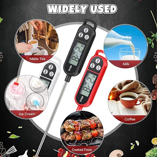Copkim 6 Pcs Instant Read Meat Thermometer with Long Probe 9.65 Inch Kitchen Cooking Food Candy Waterproof Digital Thermometer for BBQ Water Milk Yogurt Liquid (Round&Square Ring,Black,White,Red)