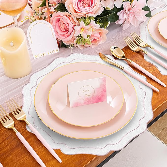 4 Sets Ribbon Twirl Cotton Linen Placemats, 15 inch Embroidery Round Cloth Table Mats with Pink Scalloped Edge Washable Fabric Place Mats Flower Shape for Wedding Baby Shower Party Table Decor