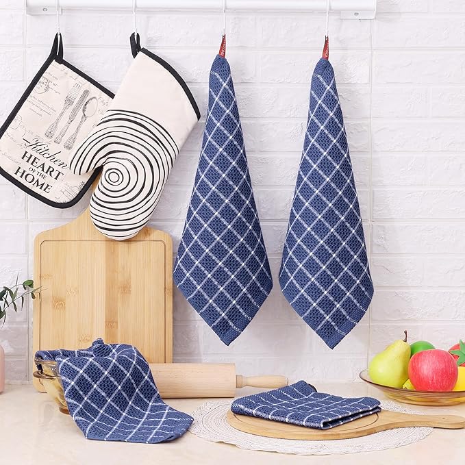 Homaxy 100% Cotton Dish Cloths, 8 Pack-12 X 12 Inches, Check Design Waffle Weave Dish Rags for Washing Dishes, Ultra Absorbent and Fast Drying Dishcloths, Navy Blue&White