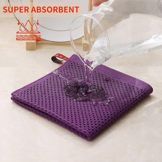 Kitinjoy 100% Cotton Kitchen Dish Cloths, 6 Pack Waffle Weave Ultra Soft Absorbent Dish Towels for Drying Dishes Quick Drying Kitchen Towels Dish Rags, 12 X 12 Inches, Violet