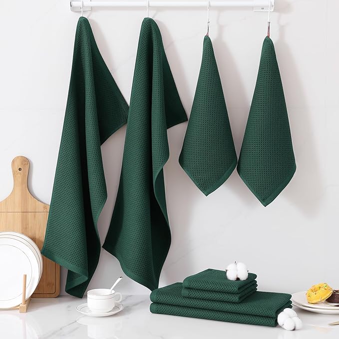 Homaxy 100% Cotton Kitchen Towels and Dishcloths Set, 12 x 12 Inches and 13 x 28 Inches, Set of 8 Bulk Kitchen Towels Set, Ultra Soft Absorbent Dish Cloths for Washing Dishes, Blackish Green