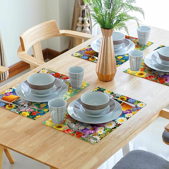 Funny Cats Placemat Set of 4 Colorful Floral Cloth Table Place Mat for Dining Kitchen Party Decor