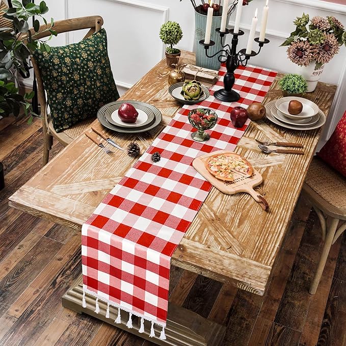 DUOBAO Buffalo Plaid Table Runner with Tassels 14x72-Inch Red and White Farmhouse Decoration Checker Tables Runners Farmhouse Decor Checked Runner (14x72-Inches)