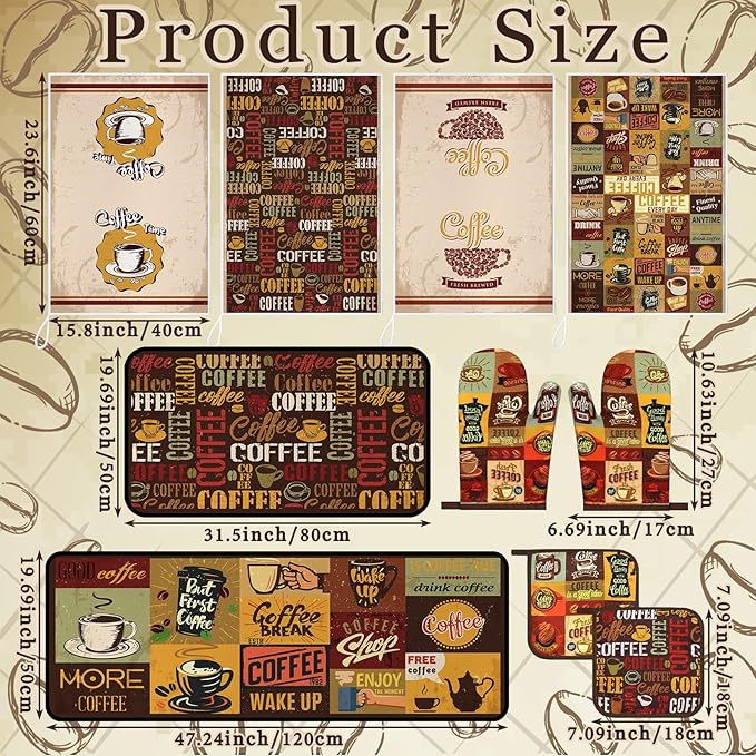 Fourluoo 10 Pcs Coffee Kitchen Decor and Accessories Coffee Oven Mitts and Pot Holders Set Dish Towels Farmhouse Kitchen Decor Retro Brown Gloves for Chef Baking Cooking Grilling BBQ Women Gift
