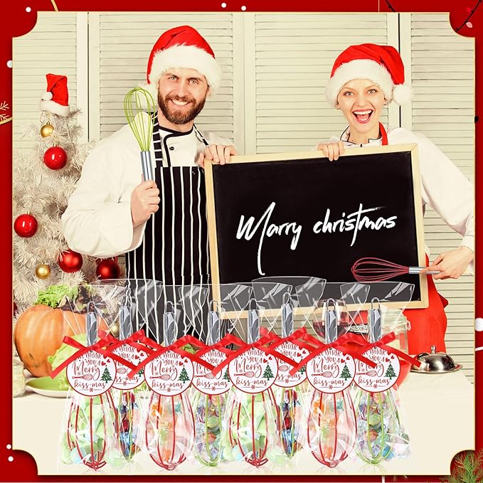 FoldTier 36 Sets 8 Inch Christmas Whisks Gifts DIY Fillable Christmas Tree Ornaments Xmas Colored Silicone Whisks for Cooking Heat Resistant Egg Beaters with Card Rope Bag for Candy Holder