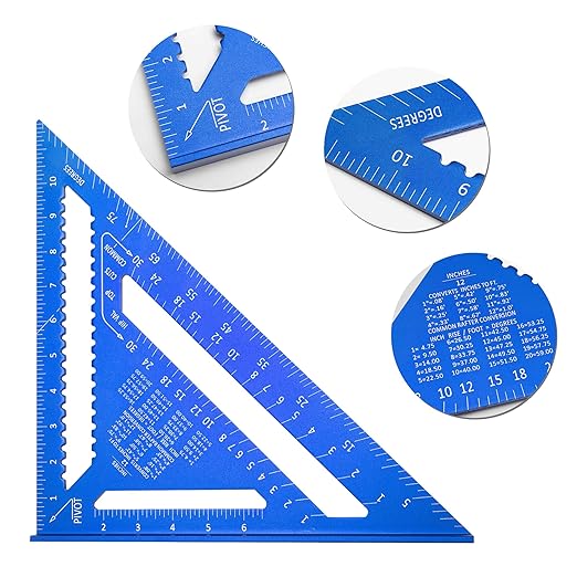 Beslands Aluminum 12 inch & 7 inch Rafter Square Carpenter Set Measuring Layout Tool Alloy Metal Triangle Ruler Protractor for Woodworking and Carpentry Imperial, Blue