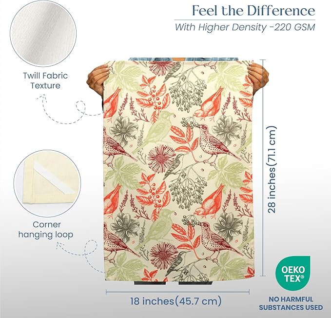 The Fine Living Co. 100% Cotton Kitchen Towels Set of 2, 18 x 28 inches, Hello Bird Printed Dish Towel, Hand Towels, Summet Kitchen Towels, Boho Tea Towels- Multifunctional, Stylish, Absorbent, Soft