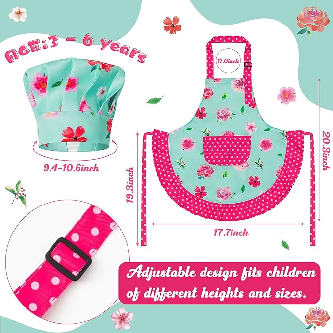R HORSE Kid Apron and Chef Hat Set - 2Pcs Green Floral Toddler Kitchen Apron for Girls, Adjustable Role Play Costume Pretend Play Toy for Cooking Baking Painting Birthday Gift for Kids Ages 3-6