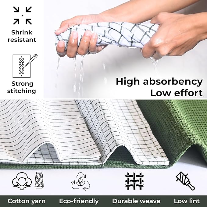 Highly Absorbent Cotton Kitchen Towels for Drying Dishes - Set of 6 Dish Towels - Narrow Sage Green Stripes Plaid Waffle Dishtowels - 18"X28" Large Lint Free Linen Tea Hand Bulk T Towls