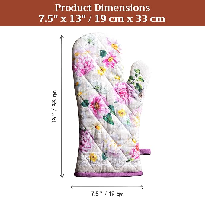 Maison d'Hermine Oven Gloves 100% Cotton Oven Mitt 7" x 13" with Loop Heat Resistant BBQ Cooking Gloves Baking Grilling Gifts for Mothers Day Spring/Summer (Pack of 1, Pivoine)