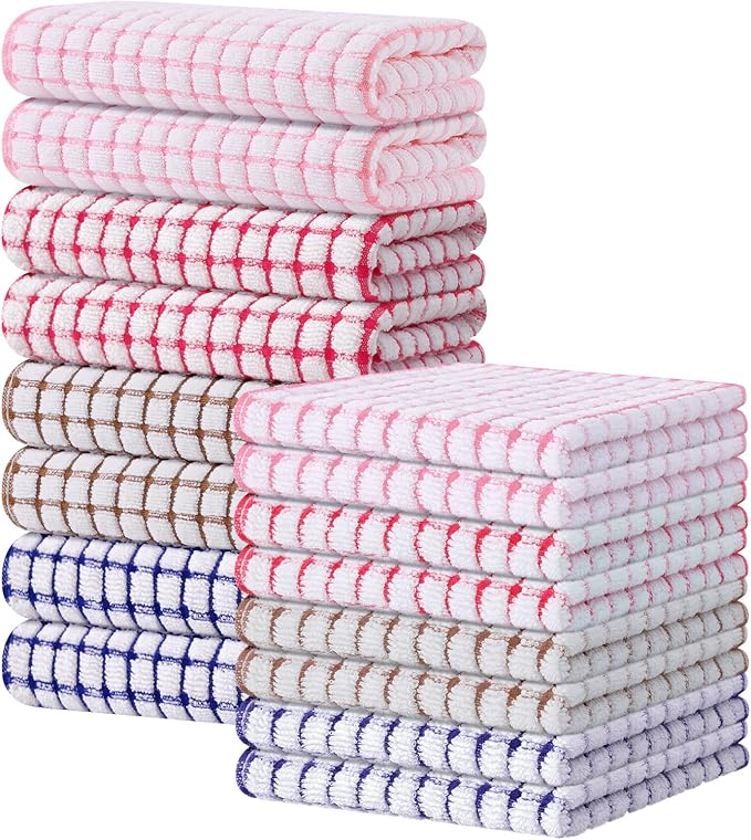Kitinjoy Cotton 16 Pack Kitchen Towels and Dishcloths Sets, 16 x 25 Inch & 12 X 12 Inch Dish Towels Bulk, Super Soft and Absorbent Hand Towels for Kitchen Drying, Mix Colour