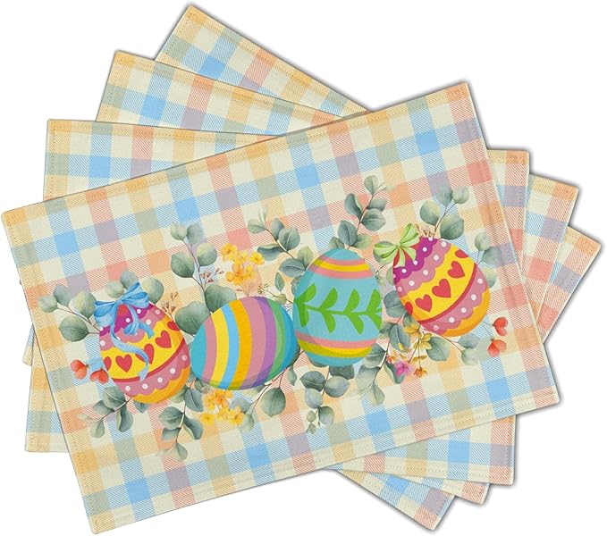 Easter Eggs Placemat Set of 4 Colorful Buffalo Check Plaid Non Slip Heat-Resistant Washable Table Place Mats 12 x 18 Inch for Holiday Seasonal Party Kitchen Dining
