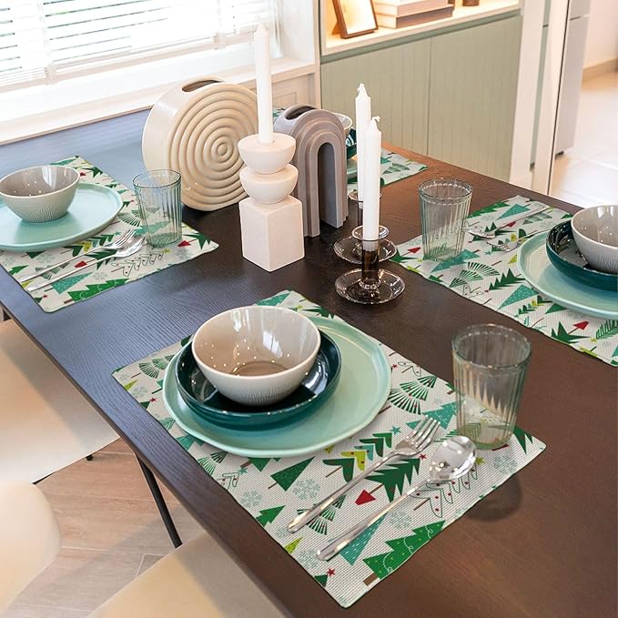Christmas Placemats Set of 4 Sage Green Christmas Trees Decor Place Mats 12x18 Inch Snowflake Xmas Winter Holiday Decorative Linen Table Mats for Home Kitchen Dining Party Table Decoration