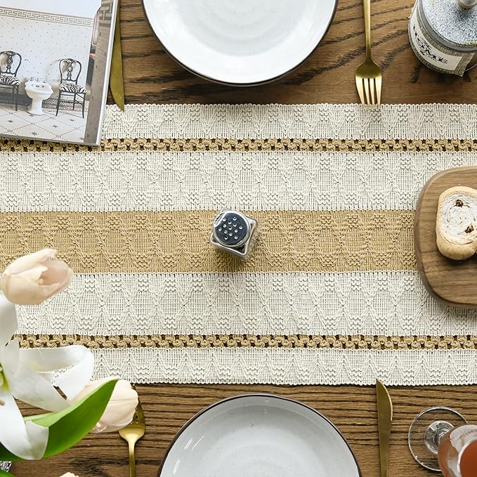 Artoid Mode Burlap Brown Farmhouse Woven Rustic Table Runner, Seasonal Holiday Hollow Kitchen Dining Table Decoration for Home Party Decor 12x48 Inch