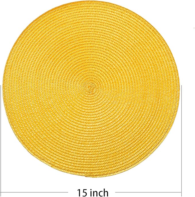 AHHFSMEI Round Placemats Set of 6 Heat Resistant Washable Non-Slip Woven Braided Table Mats for Dining Table Kitchen & Home Decor (Yellow)