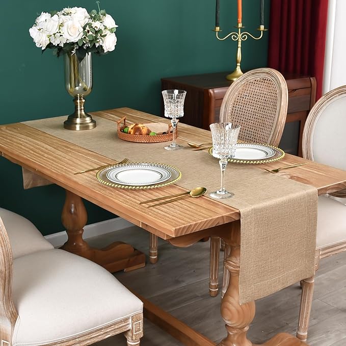 NEWISHER Farmhouse Rustic Table Runner Solid Flaxen Rectangular Table Runners Faux Linen Table Runner for Everyday Use Kitchen Dining Party Table 13x48 Inch