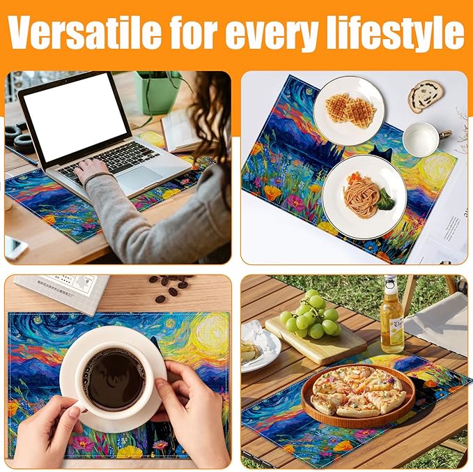 Starry Night Cat Placemats Set of 6,12 x 18 Inch Table Mats Washable Heat Resistant Linen Fabric Rectangle Place Mat for Party Home Kitchen Dining