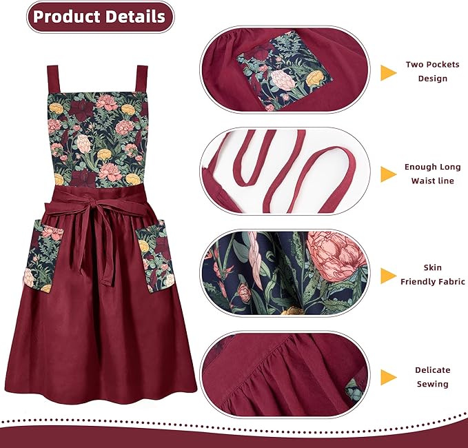 NEOVIVA Kitchen Aprons for Women with Pockets,Cooking Aprons for Women,Vintage Apron for Baking Gardening,Gifts for Mothers