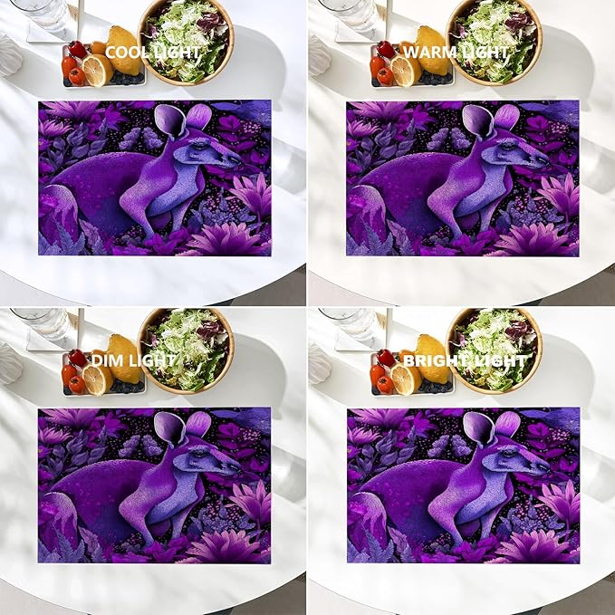 Batmerry Cute Kangaroo Placemats, Violet Kangaroo in Flowers Washable Linen Table Mats for Kitchen Table Double Insulation Decor Dining Set Indoor Outdoor 12X18 in Set of 4