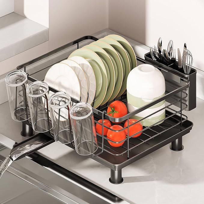 PureBox Dish Drying Rack, Rustproof Stainless Steel Kitchen Counter Organizer with Cup Holder, Utensil Caddy & Drainer Board, Space Saving, Black