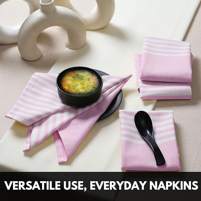 Pink Stripe Cloth Napkins 4 Pack, 18x18 Inches, 100% Cotton, Machine Washable Table Linen, Durable, Reusable Fabric for Everyday Meals, Farmhouse, Spring Easter Dining, Baby Pink