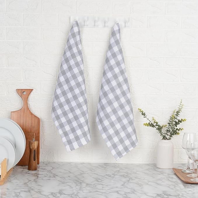 Blue Needles Set of 6 Waffle Weave Kitchen Towel, 15x25 Inches 100% Cotton Check Plaid Dish Towels for Kitchen, Soft & Absorbent for Quick Drying with Hanging Loop, Spring Summer - Ash Grey & White