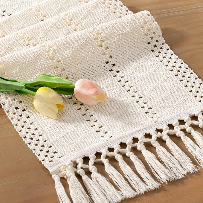 Socomi Boho Table Runner Easter Spring Farmhouse Rustic Dining Kitchen Centerpiece Decor Small Macrame Woven Cotton Linen Coffee Table Runner for Dresser Scarf Home Decor 12x36 inch Cream Ivory