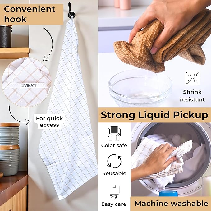 Cotton Dish Towels For Kitchen Drying - Highly Absorbent Wide Beige Striped Plaid Tea Towels - 18"X28" Set Of 6 Farmhouse Linen Dishtowels In Bulk - Pano De Prato Para Cozinha - T Towles Towls
