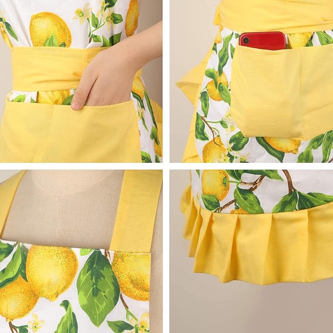G2PLUS Thick Lemon Cotton Apron, Kitchen Apron for Women, Adjustable Cooking Apron with Pocket for Baking, Garden, Christmas