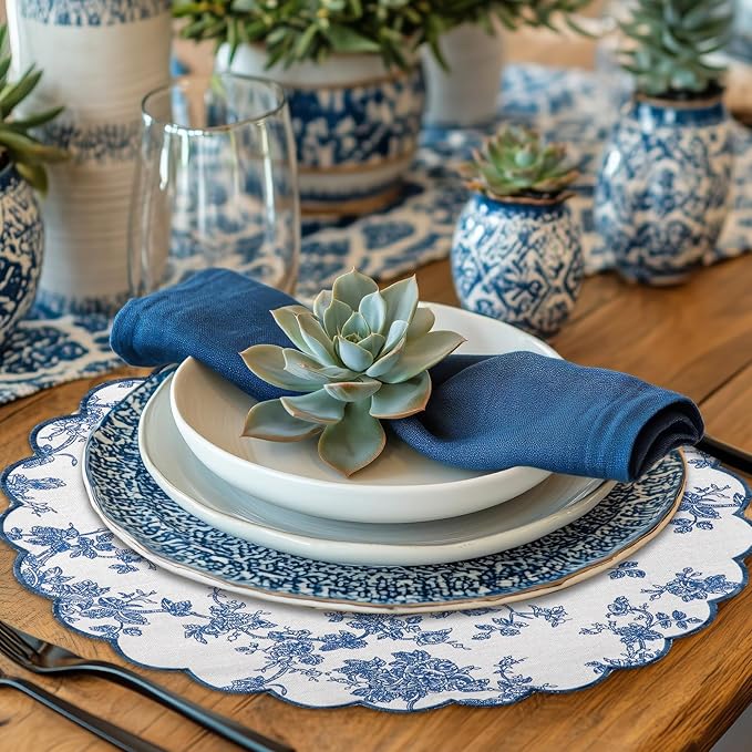Set of 6 Round Placemats 15 Inch Cotton Scalloped Embroidery Placemat Washable Double Layered Rustic Dinner Table Mat Decoration Fabric for Hotel Restaurant Kitchen (Blue/White,Floral)