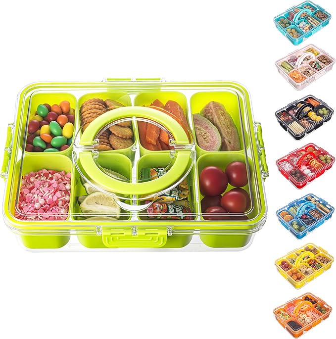 Dingerjar Divided Serving Tray with Lid and Handle - Snackle Box Charcuterie Container for Portable Snack Platters Organizer for Candy, Fruits, Nuts, Snacks - Perfect for Party, Entertaining, Green