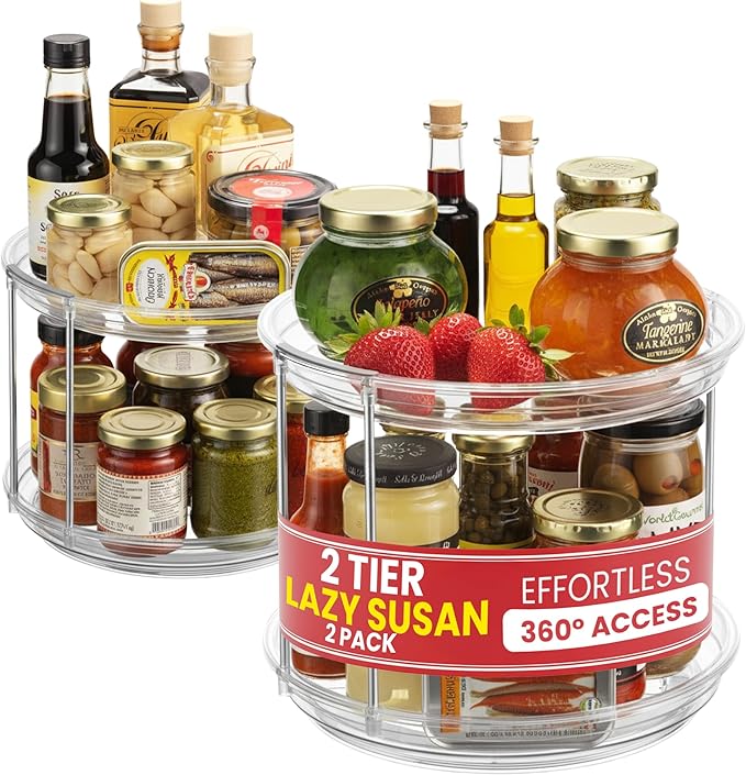 Clear Two Tier Lazy Susan Organizer - 2-Pack Rotating Spice Rack Turntable for Kitchen Cabinet, Countertop, Bathroom or Dining Table - Spinning Carousel Racks for Counter and Pantry Cabinet Storage