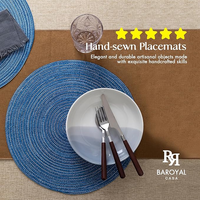 Round Placemats Set of 6 Woven Placemats Washable Braided Table Mats for Dining Table Heat Resistant Non-Slip Circle Place Mats(Mid Blue)