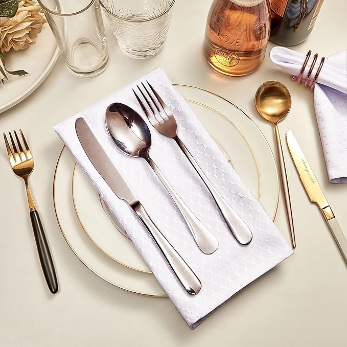 Cloth Napkins Set of 8 – Square 17x17 Inch Jacquard Fabric Polyester Washable Reusable Cloth Napkins for Kitchen Dinner Dining Restaurants Wedding Party Banquet Table (White)