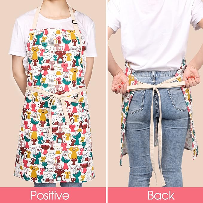 Cute Apron with 2 Pockets for Women, Adjustable Neck Strap and Long Waist Ties Cotton Cooking Baking Aprons, Use as a Kitchen and Chef Apron, Artist or Garden Aprons (Cat)