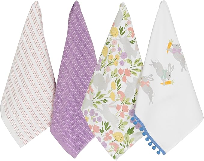 Ritz 100% Cotton Kitchen Towels, Easter Bunny Spring – 16"x26" – Absorbent Dish Towels for Drying & Cleaning – Soft & Durable (Set of 4)