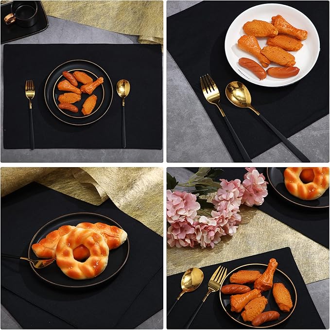 Sieral 12 Set Cloth Placemats Rectangle Dining Table Placemat Bulk 13 x 19 Inch Machine Washable Heat Resistant Cotton Linen Table Mats for Wedding Birthday Party Supplies(Black)