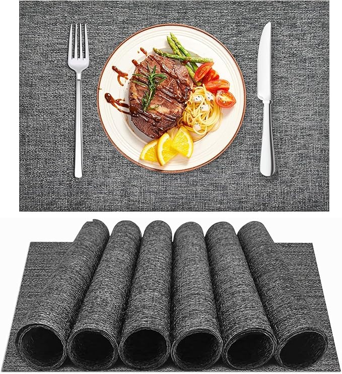 DACHUI Placemats Set of 8, Linen Look Woven Place Mats, Water Resistant, Heat Resistant, Washable, Durable Table Mats (Dark Grey)