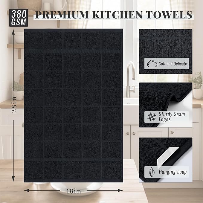 Homaxy Premium Kitchen Towels 18"x28", 8 Pack Large Cotton 380 GSM Dish Towels, Soft and Absorbent Kitchen Hand Towels with Terry Grid Design, Utility Tea Towel Set with Hanging Loop, Black