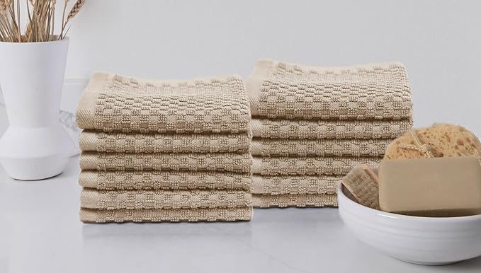 COTTON CRAFT Euro Spa Waffle Wash Cloth - Set of 12 Luxury Pure Ringspun Cotton Waffle Weave Bathroom Face Towel - Everyday Absorbent Hotel Gym Shower Beach Kitchen Travel Dorm - 12x12 inches - Linen
