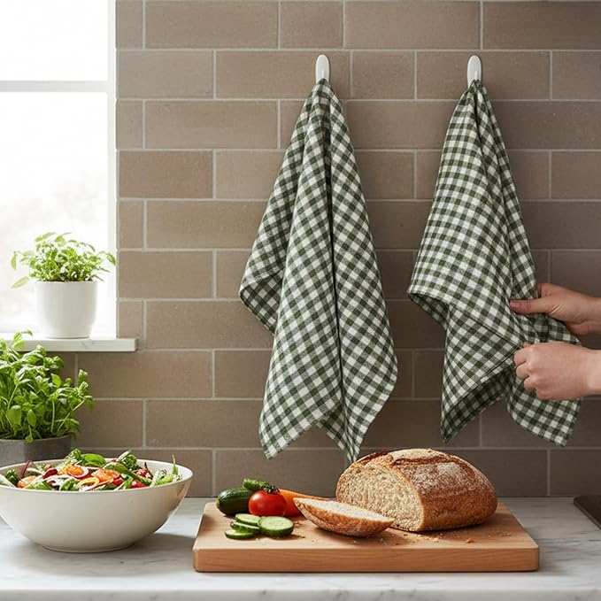Eight Owls Stonewashed Linen Kitchen Dish Towels - 20 x 27 inch – 100% Pure Linen Tea Towel/Hand Towel - Set of 2 (Green Check)